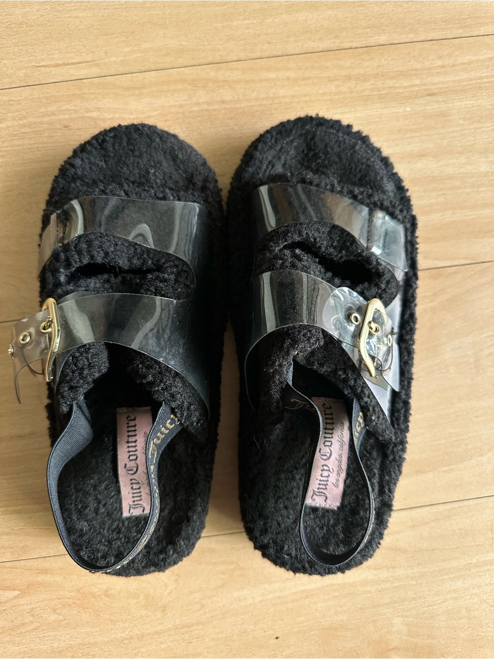 Juicy Couture Fuzzy Women Sandals Flat Size 8 Black Fleece Griffin